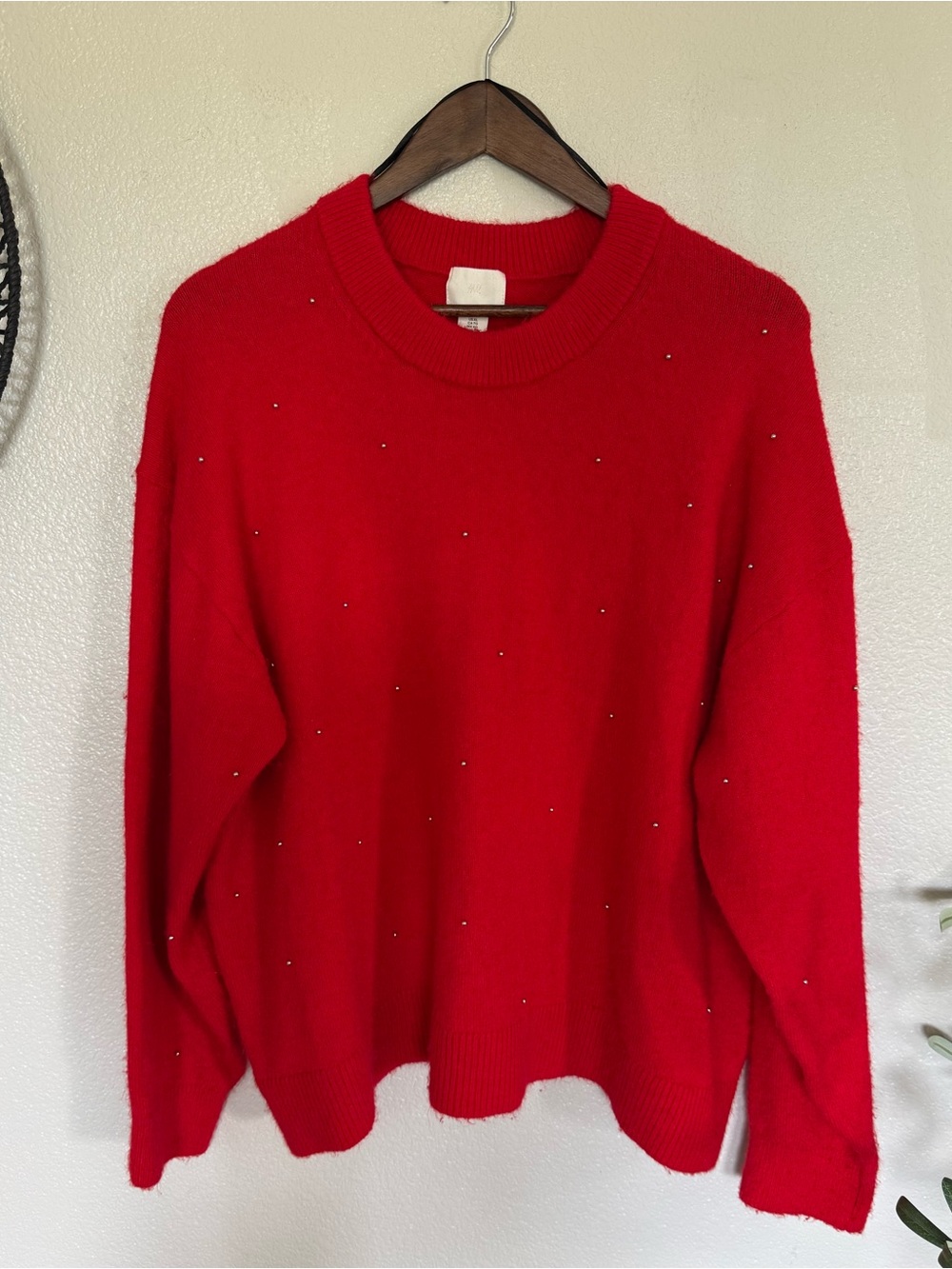 H&M Red Crewneck Sweater with Tiny Metallic Studs